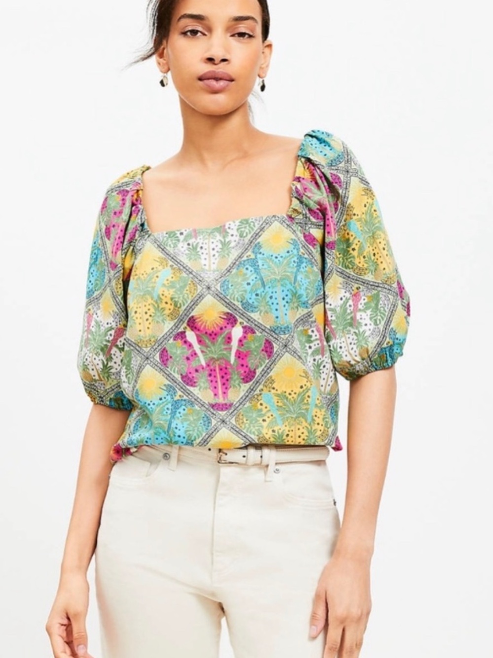 LOFT Palm Bubble Sleeve Square Neck Blouse Size Large - Picture 2 of 10
